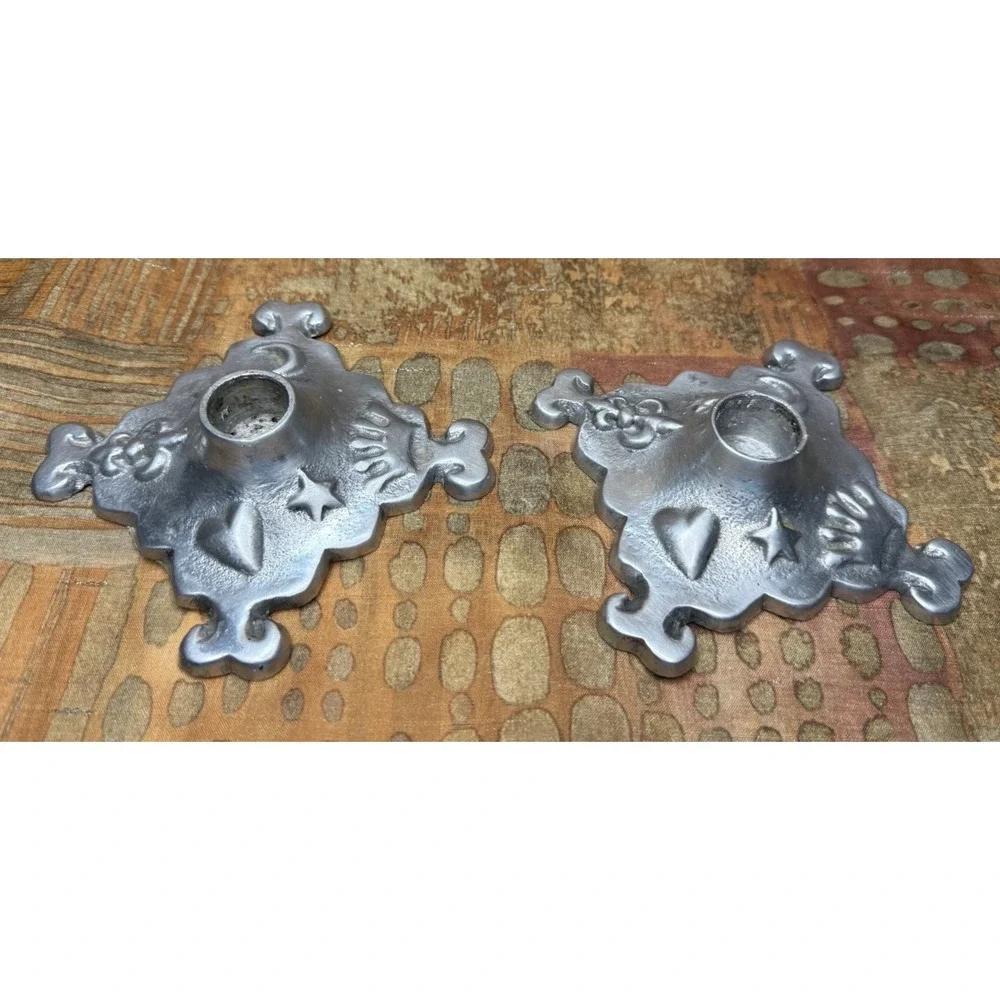 Celestial Candlestick Set Aluminum Metal Candle Holder Crown Heart Moon Stars